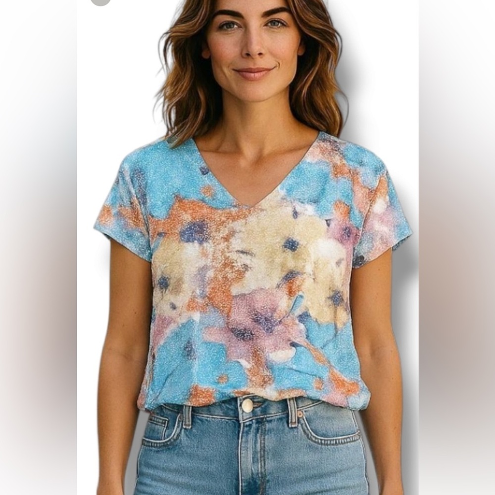 NWT Elie Tahari multicolor Watercolor V-Neck Cap Sleeve sequin floral Top size S